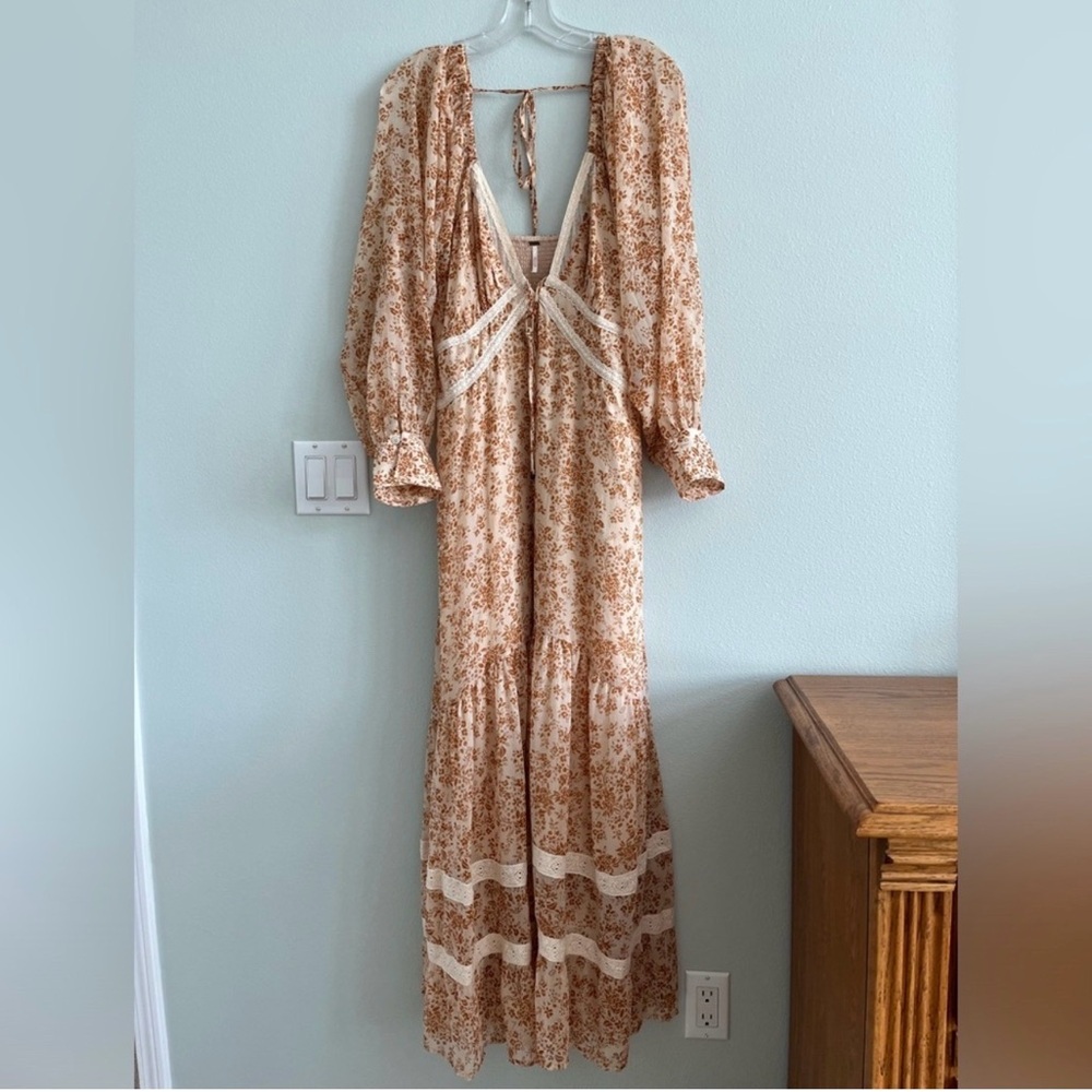 Free People Floral Long Sleeve Dress in Cream and Brown